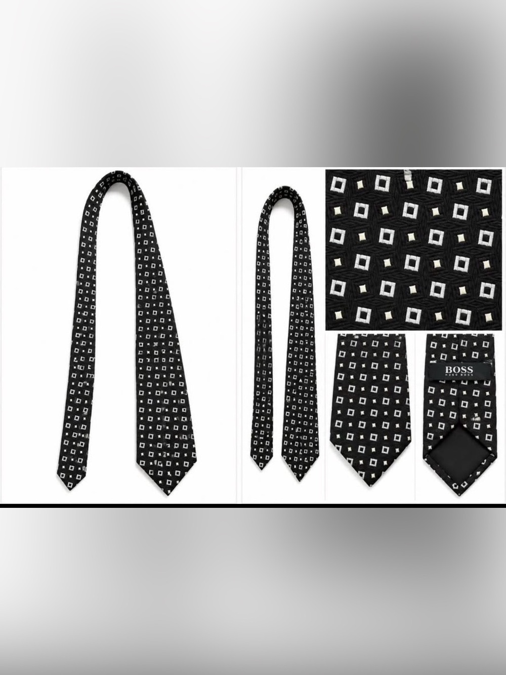 Hugo Boss Black Silk Tie with White Square Pattern